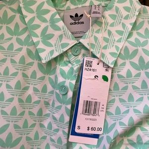 adidas Mens Mono Logo All Over Print Button Shirt Green & White Size S